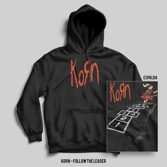 Hoodie Korn – Follow, color negro, impresión gráfica al frente y espalda