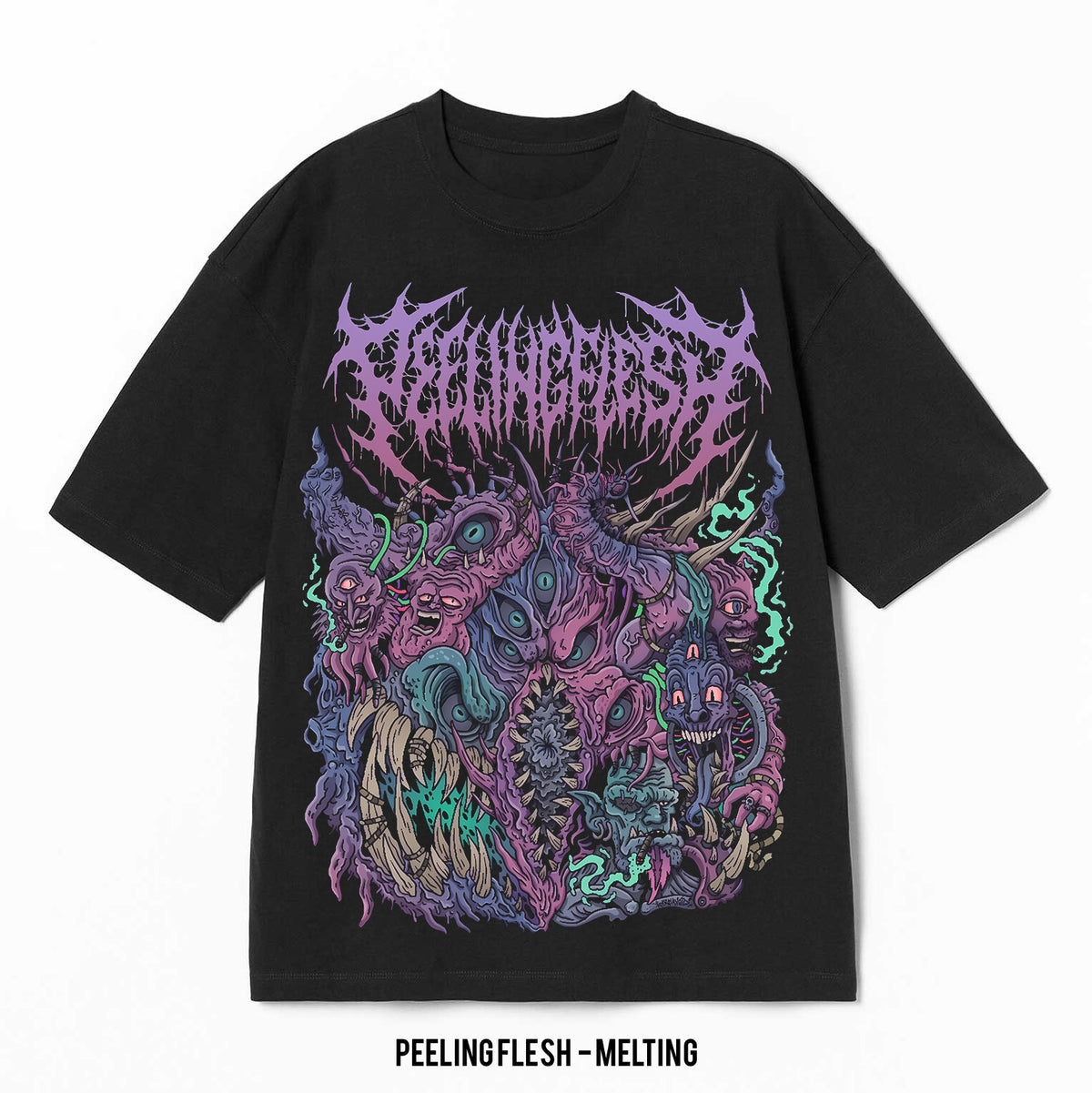 Playera Peeling Flesh – Melting, color negro, impresión gráfica al frente