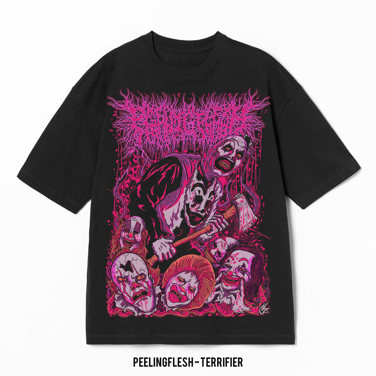 Playera Peeling Flesh – Terrifier, color negro, impresión gráfica