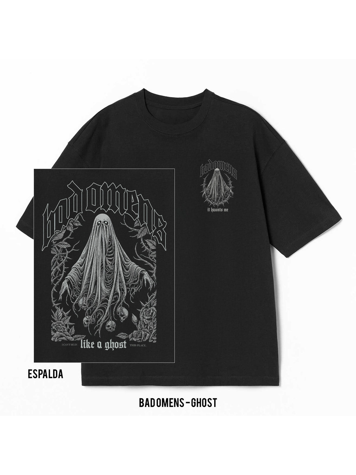Playera Bad Omens – Ghost, color negro, impresión gráfica