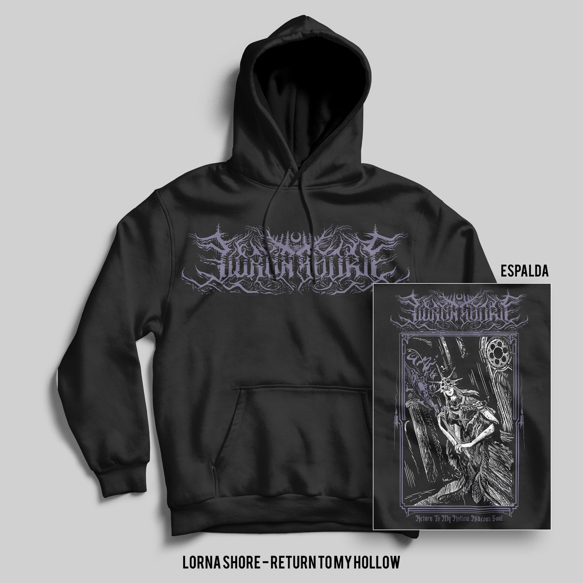 Hoodie Lorna Shore – Return, color negro, impresión gráfica al frente y espalda