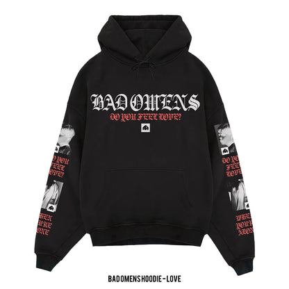 Hoodie Bad Omens – Love, color negro, impresión gráfica al frente y espalda