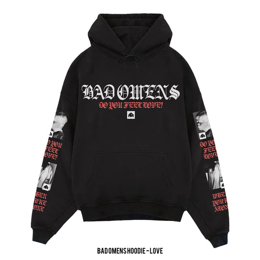 Hoodie Bad Omens – Love, color negro, impresión gráfica al frente y espalda