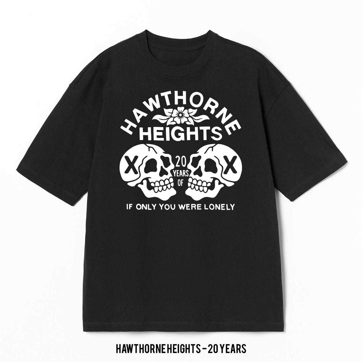 Playera Hawthorne Heights – 20 Years, color negro, impresión gráfica